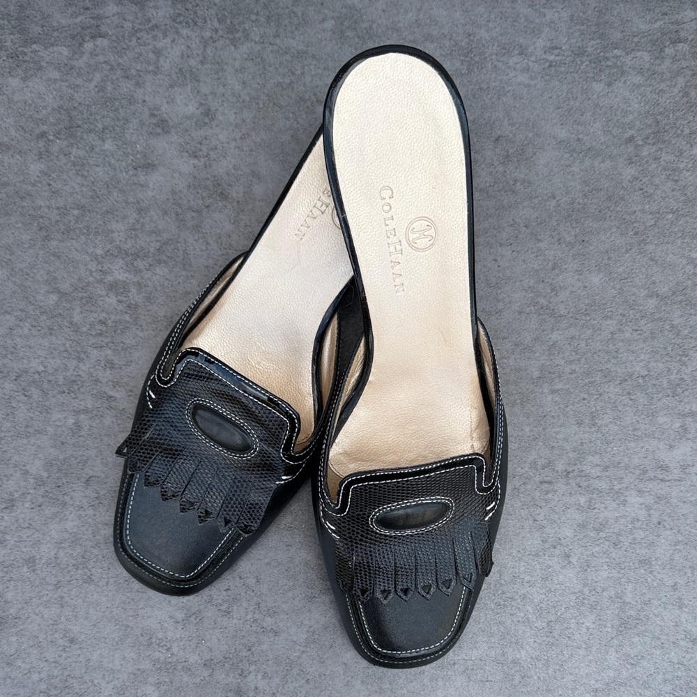 Cole Haan Black Leather Kiltie Fringe Mule Kitten Heels | 7B